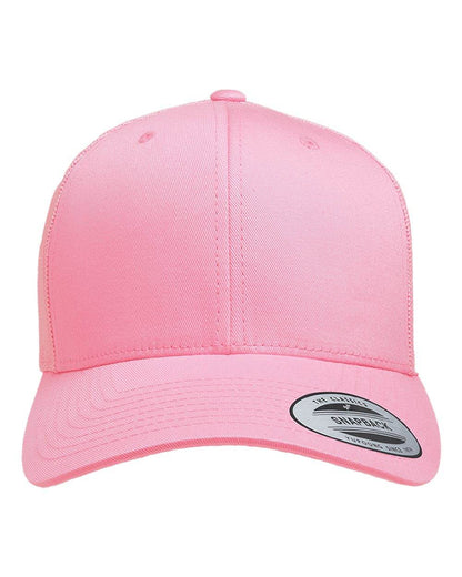 Pink Yupoong YP Classics® retro trucker cap with personalized embroidered logo, stylish adjustable trucker hat for casual wear.