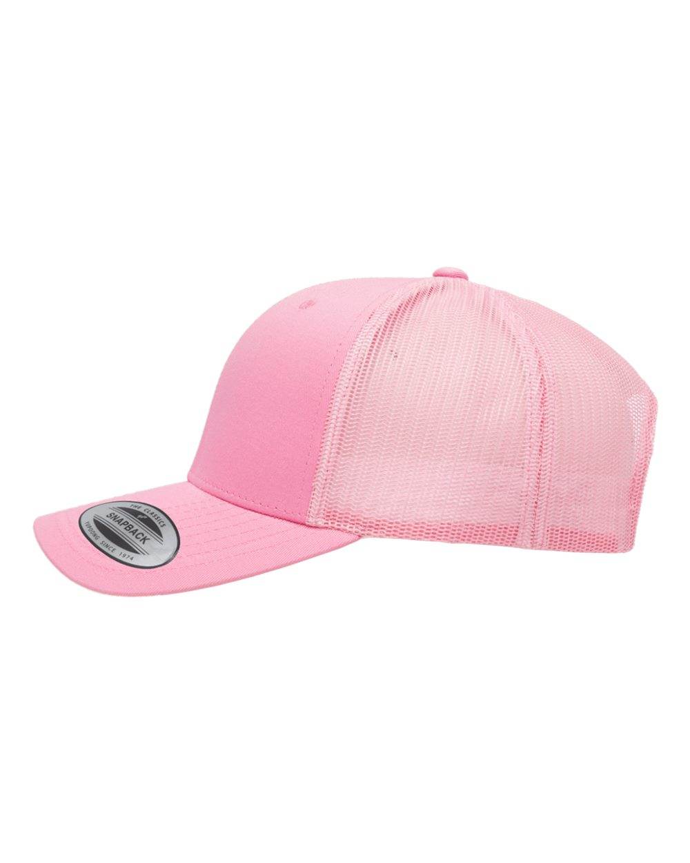 Pink embroidered Yupoong YP Classics retro trucker cap with personalized custom logo, showcasing stylish mesh sides.