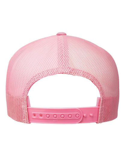 Pink Yupoong YP Classics retro trucker cap with personalized embroidered logo, stylish and comfortable trucker hats.