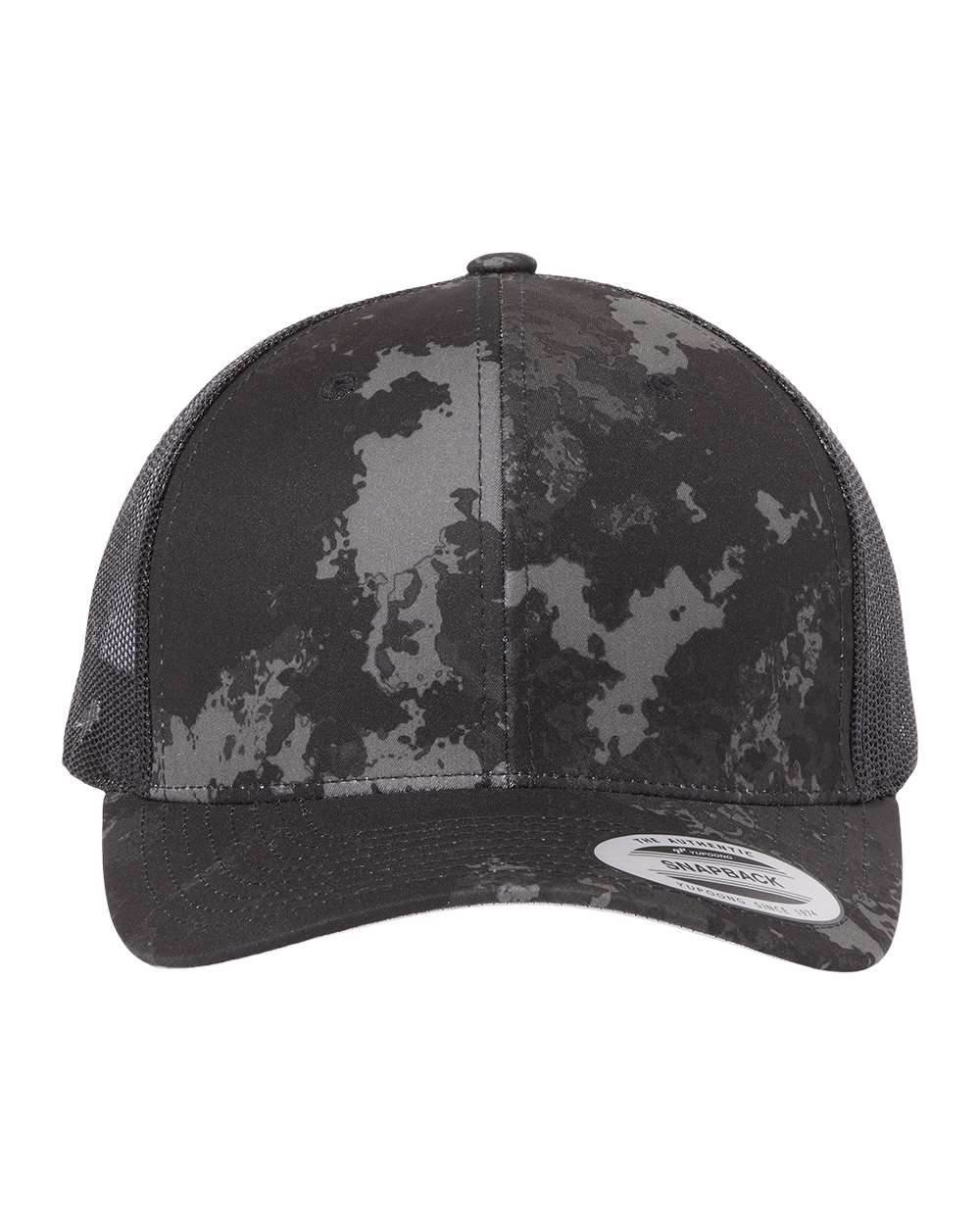 Black Yupoong Custom YP Classics retro trucker cap with embroidered logo, showcasing personalized design and classic trucker hat style.
