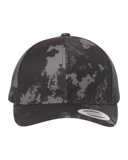 Black Yupoong Custom YP Classics retro trucker cap with embroidered logo, showcasing personalized design and classic trucker hat style.