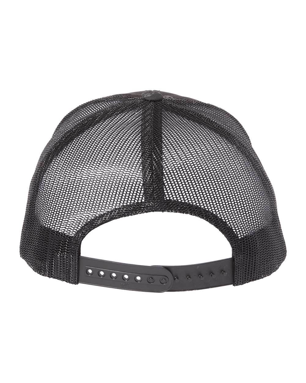Black Yupoong YP Classics retro trucker cap with personalized embroidered logo, showcasing adjustable mesh back and classic style.