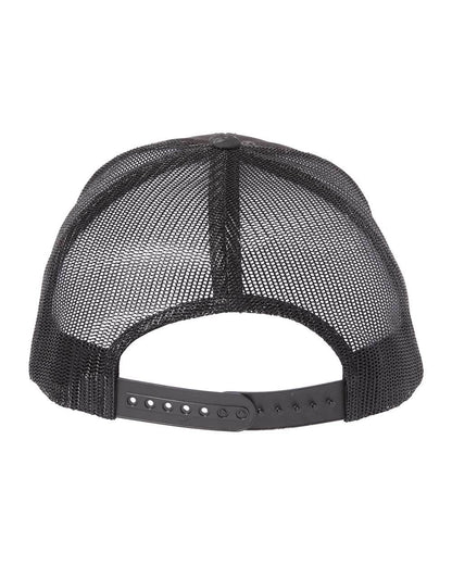 Black Yupoong YP Classics retro trucker cap with personalized embroidered logo, showcasing adjustable mesh back and classic style.