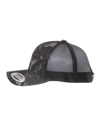 Black Yupoong YP Classics retro trucker cap with personalized embroidered logo, stylish and adjustable for a casual look.