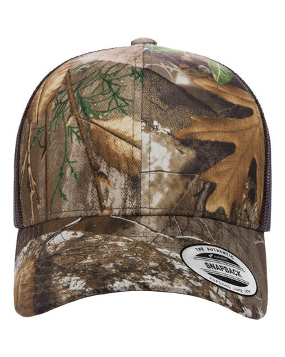 Custom YP Classics® retro trucker cap with embroidered logo, brown camouflage pattern, and adjustable snapback from Yupoong.