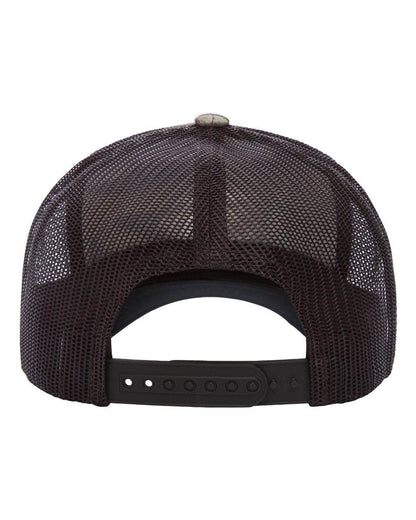 Custom YP Classics® retro trucker cap with embroidered logo, brown Realtree Max camouflage pattern, adjustable snapback hat.