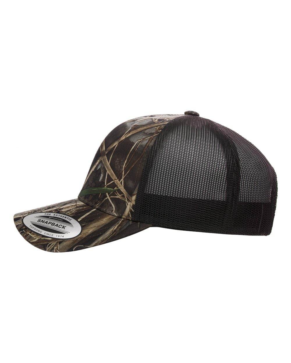 Custom YP Classics retro trucker cap by Yupoong featuring personalized embroidered logo on Realtree Max-Brown side.