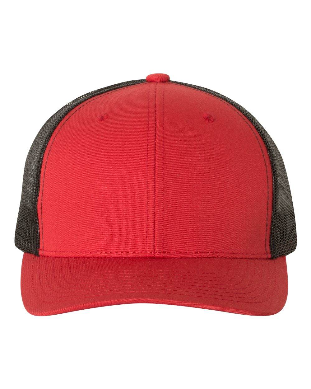 Red and black Yupoong YP Classics® retro trucker cap with custom embroidered logo, featuring mesh back and curved brim.