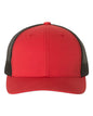 Red and black Yupoong YP Classics® retro trucker cap with custom embroidered logo, featuring mesh back and curved brim.