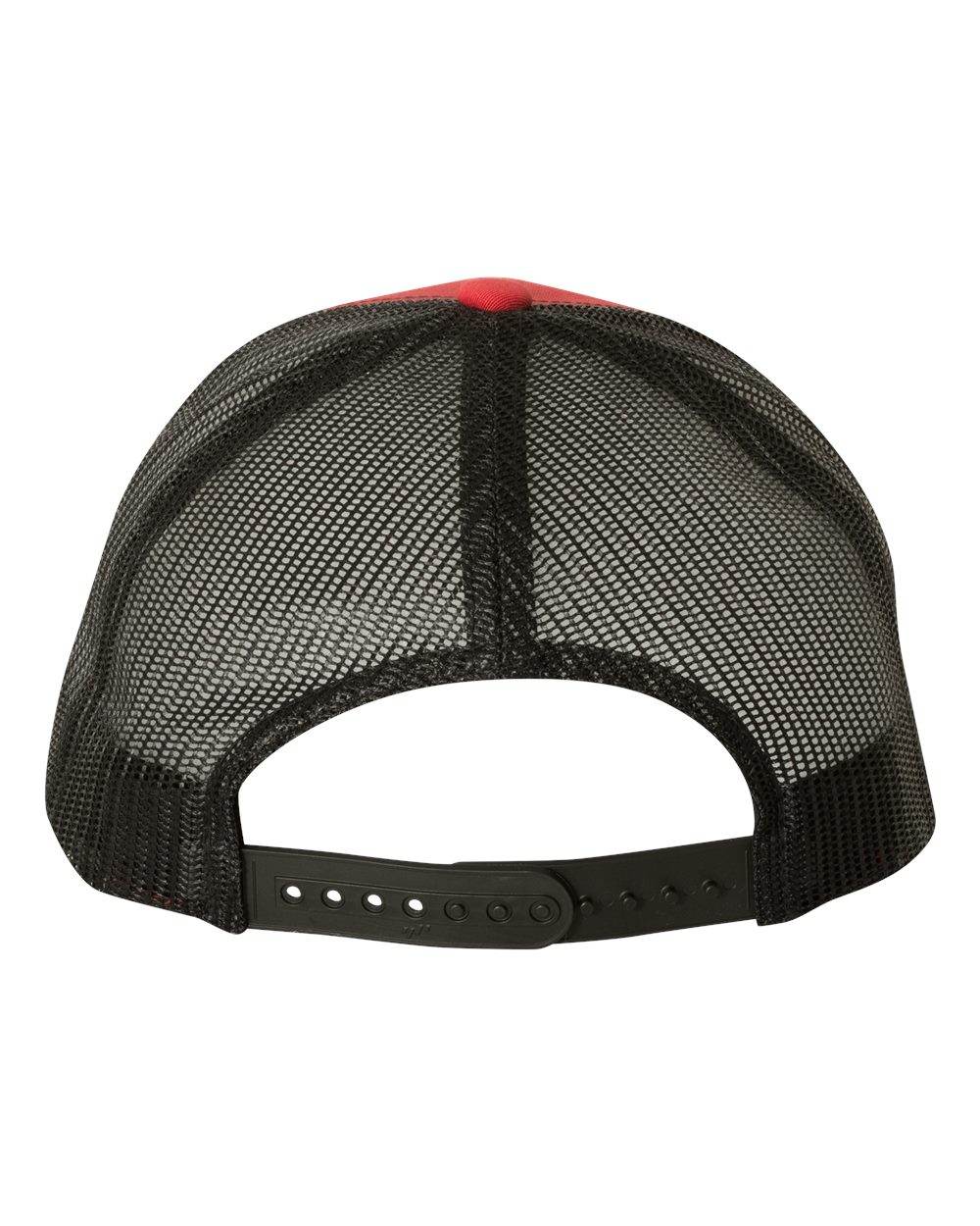 Red and black Yupoong YP Classics® retro trucker cap with personalized embroidered logo, stylish and adjustable.