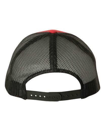 Red and black Yupoong YP Classics® retro trucker cap with personalized embroidered logo, stylish and adjustable.