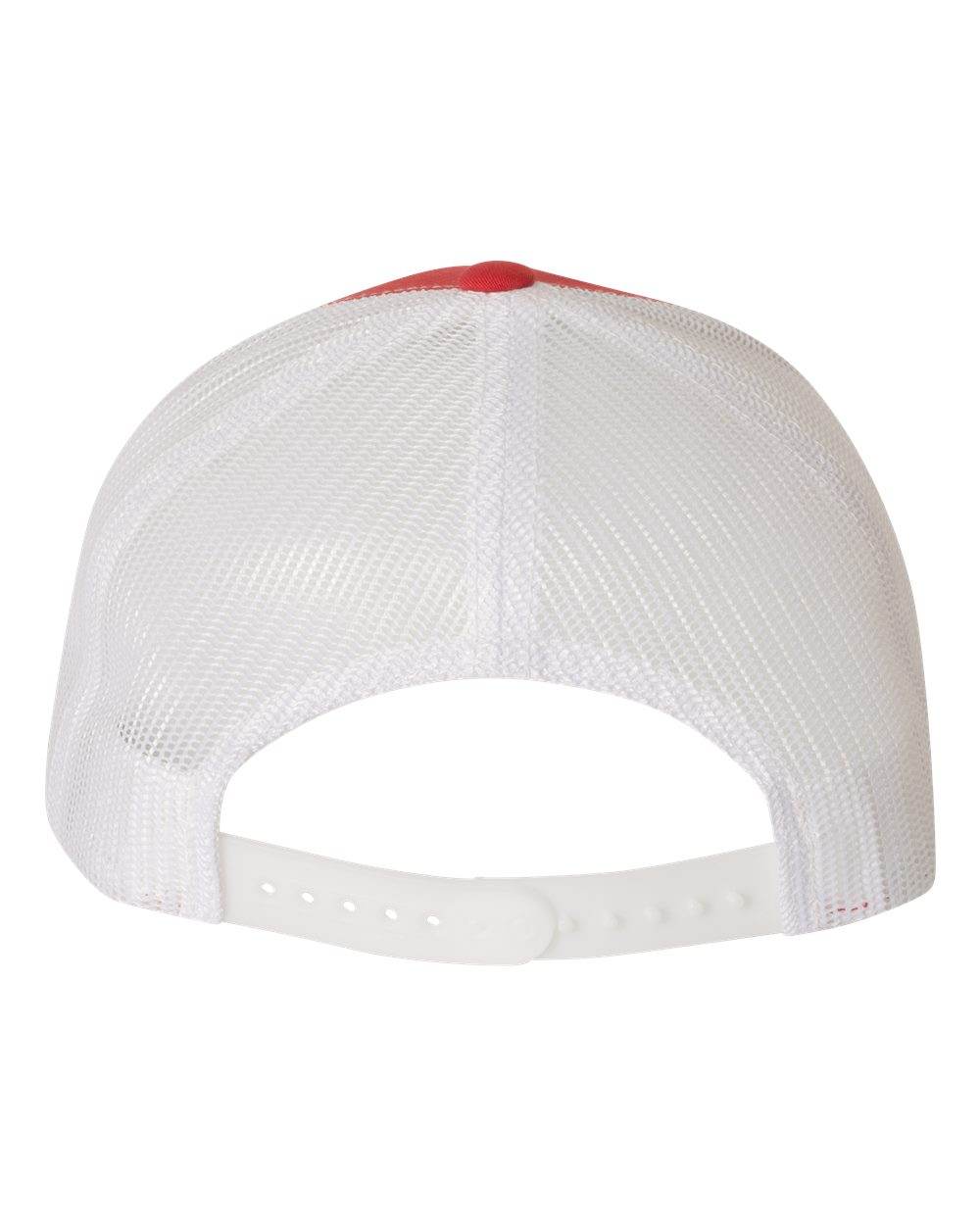 Red and white Yupoong Custom YP Classics retro trucker cap with personalized embroidered logo on front, stylish and adjustable.