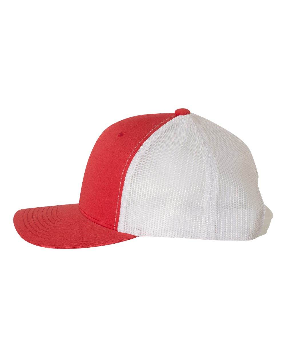 Red and white embroidered Yupoong YP Classics retro trucker cap with personalized customization on the front.