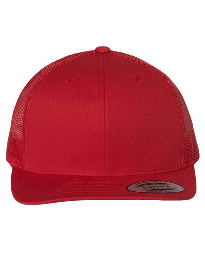 Red Yupoong YP Classics® retro trucker cap with personalized embroidered logo, stylish adjustable trucker hat for casual wear.