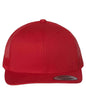 Red Yupoong YP Classics® retro trucker cap with personalized embroidered logo, stylish adjustable trucker hat for casual wear.