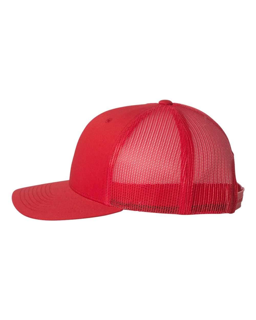 Red Yupoong YP Classics® retro trucker cap with custom embroidered logo, adjustable mesh back, and classic trucker hat style.