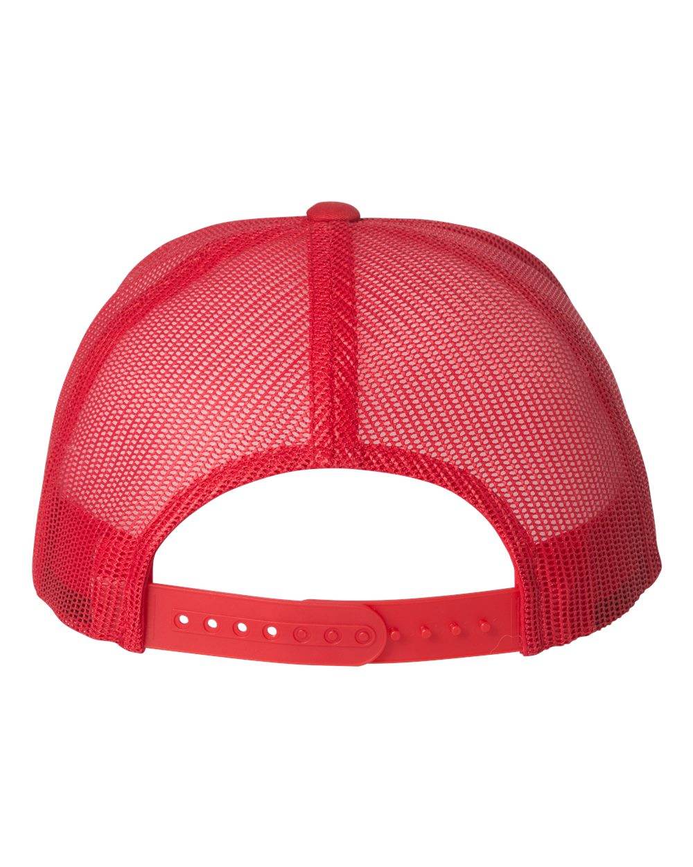 Red Yupoong Custom YP Classics retro trucker cap with embroidered logo, personalized adjustable trucker hat by PrintView