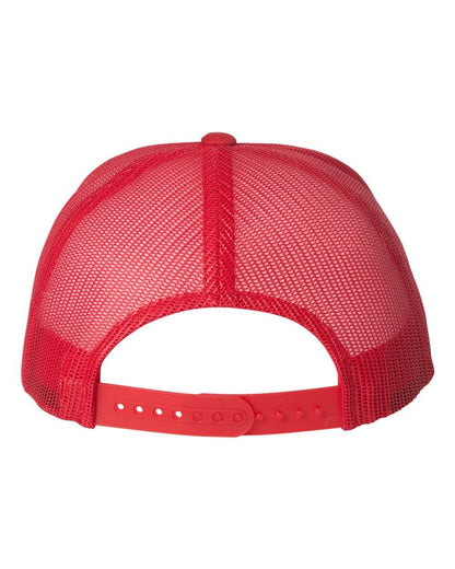 Red Yupoong Custom YP Classics retro trucker cap with embroidered logo, personalized adjustable trucker hat by PrintView