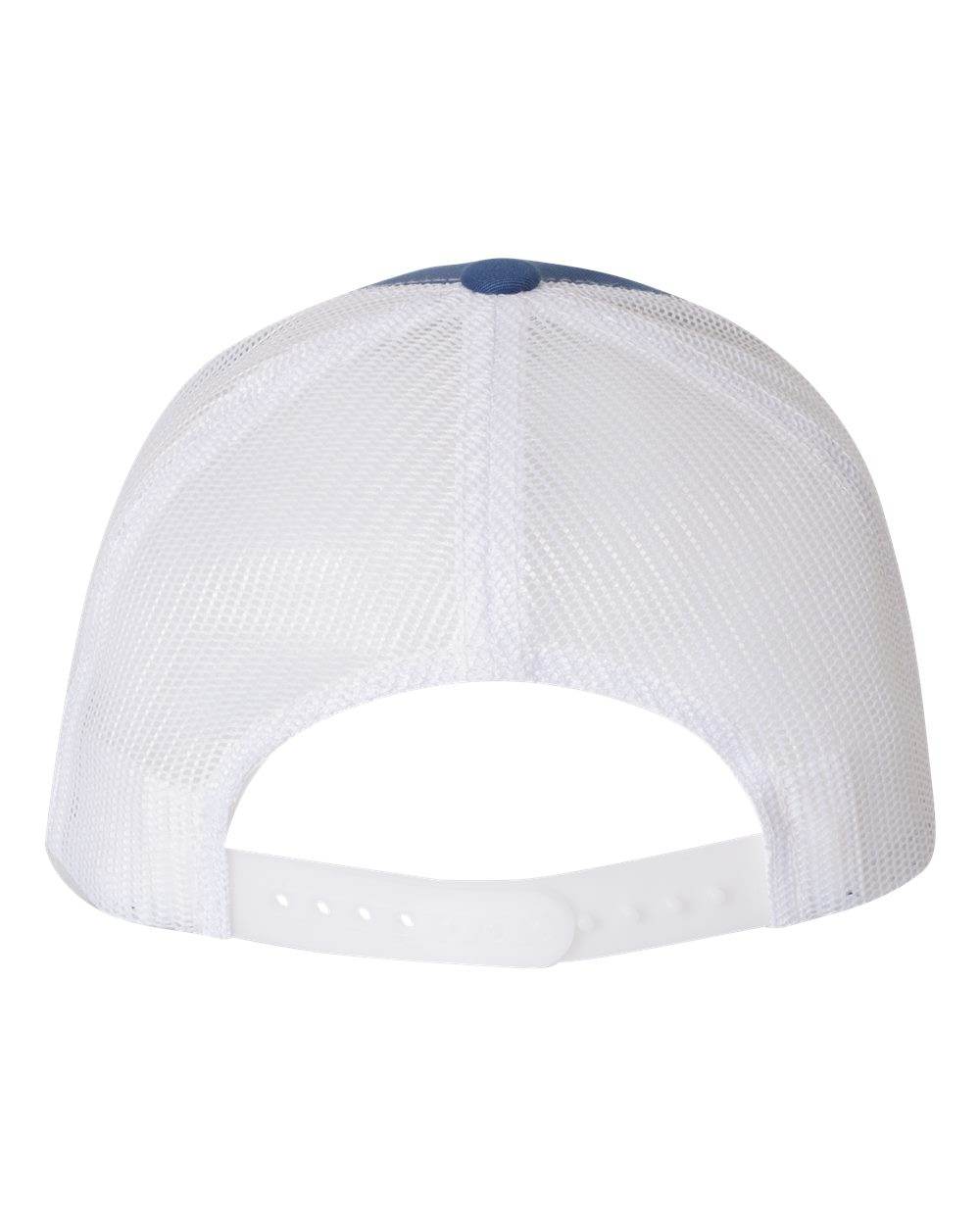 Royal white Yupoong YP Classics® retro trucker cap with personalized embroidered logo, stylish and adjustable mesh hat.