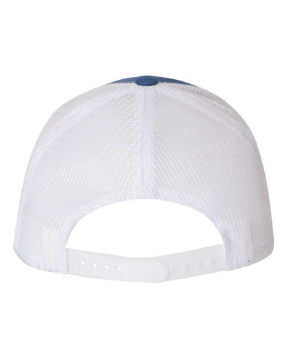 Royal white Yupoong YP Classics® retro trucker cap with personalized embroidered logo, stylish and adjustable mesh hat.