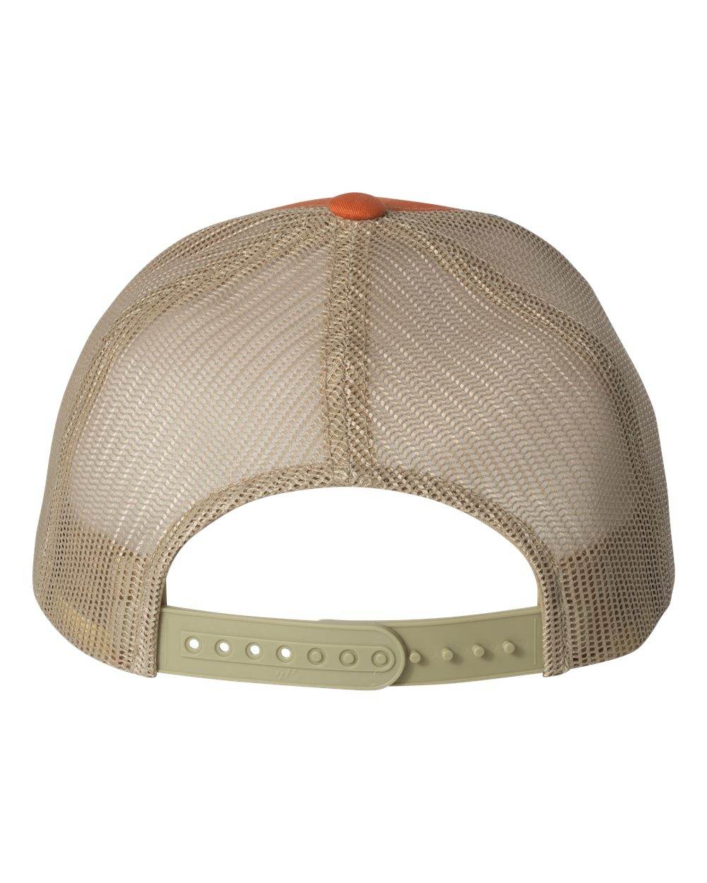 Rustic orange and khaki custom Yupoong YP Classics retro trucker cap with embroidered logo, stylish and personalized men's hat.
