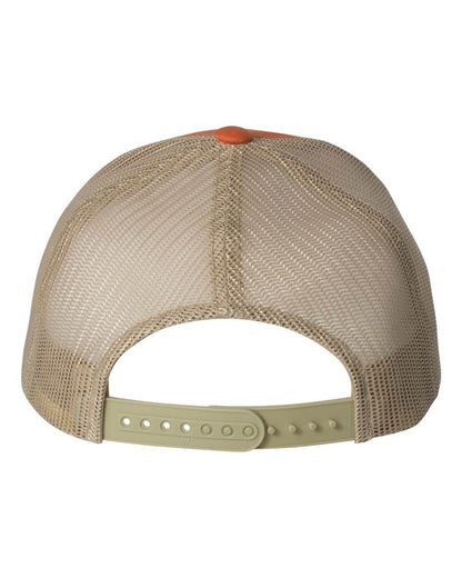 Rustic orange and khaki custom Yupoong YP Classics retro trucker cap with embroidered logo, stylish and personalized men's hat.