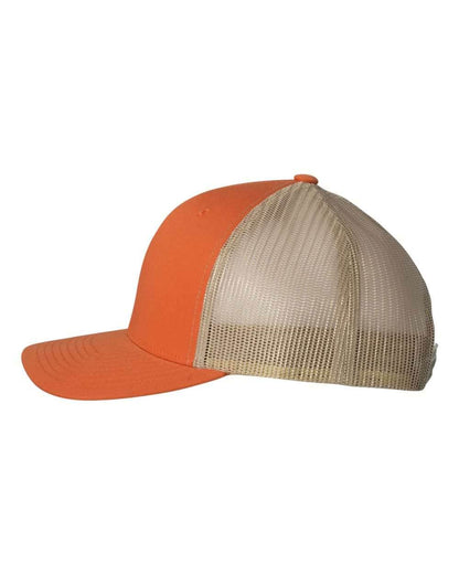 Rustic orange and khaki Custom YP Classics® retro trucker cap with embroidered logo, featuring breathable mesh and adjustable snapback.