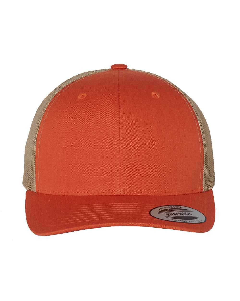 Rustic orange Yupoong YP Classics retro trucker cap with personalized embroidered logo, stylish and adjustable mesh hat.