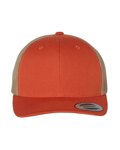 Rustic orange Yupoong YP Classics retro trucker cap with personalized embroidered logo, stylish and adjustable mesh hat.