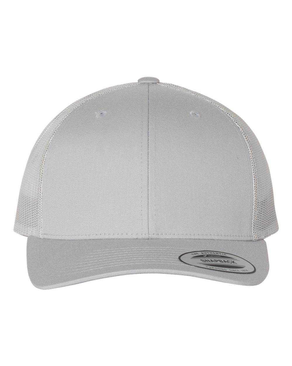 Custom YP Classics retro trucker cap by Yupoong with personalized embroidered logo in silver, stylish and adjustable outdoor hat