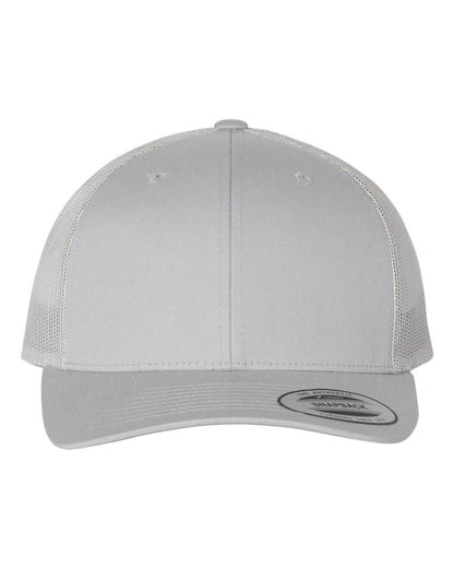 Custom YP Classics retro trucker cap by Yupoong with personalized embroidered logo in silver, stylish and adjustable outdoor hat