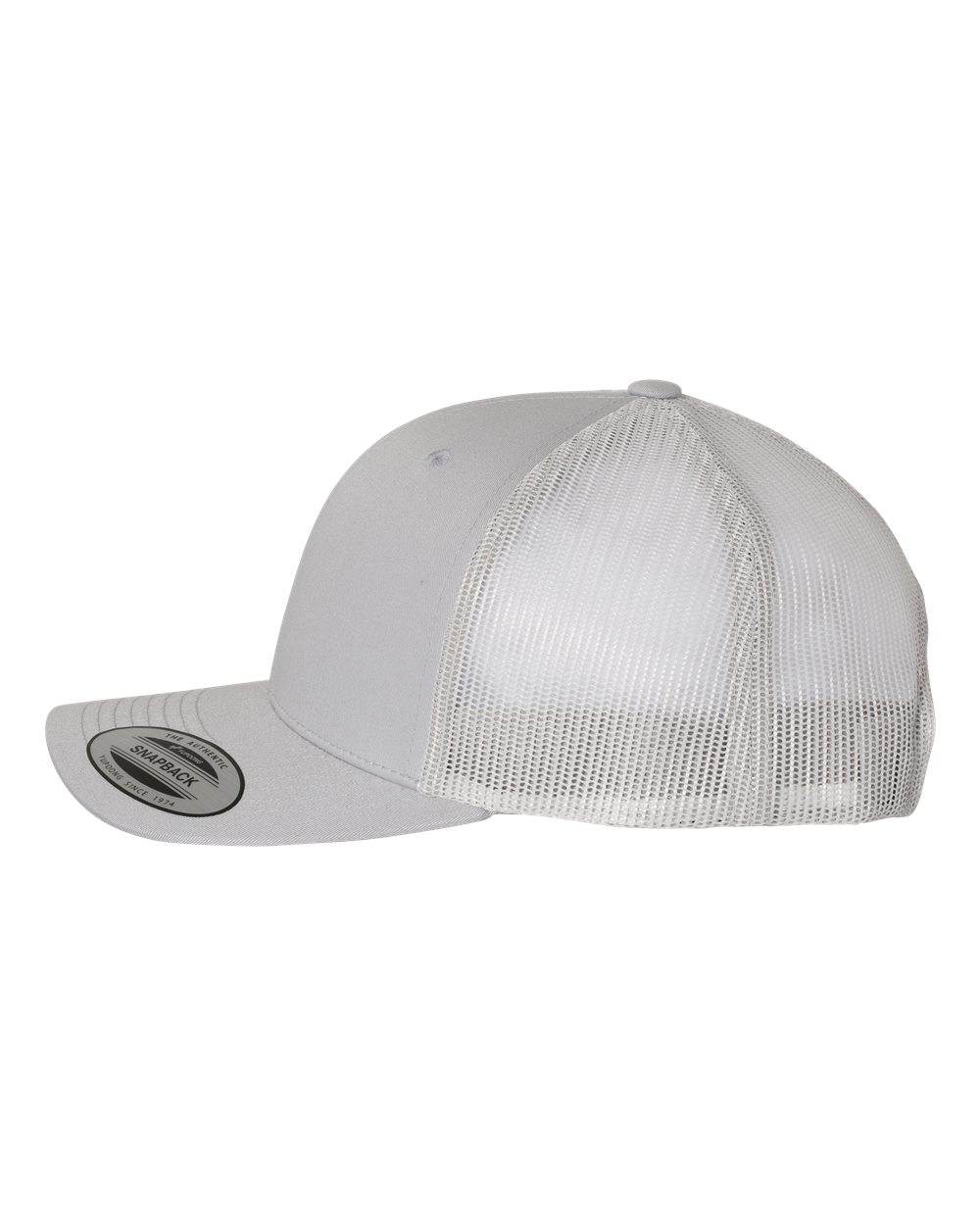 Custom YP Classics retro trucker cap by Yupoong with embroidered logo, silver side detail, personalized stylish trucker hat.