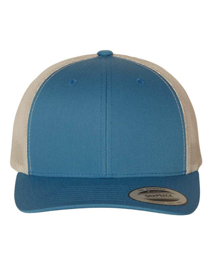 Steel blue Yupoong Custom YP Classics® retro trucker cap with silver embroidered logo, personalized and adjustable fit.