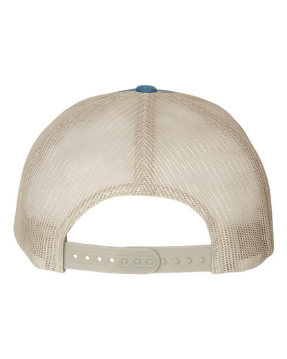 Steel blue Yupoong Custom YP Classics retro trucker cap with embroidered logo, featuring a silver back and adjustable snap closure.