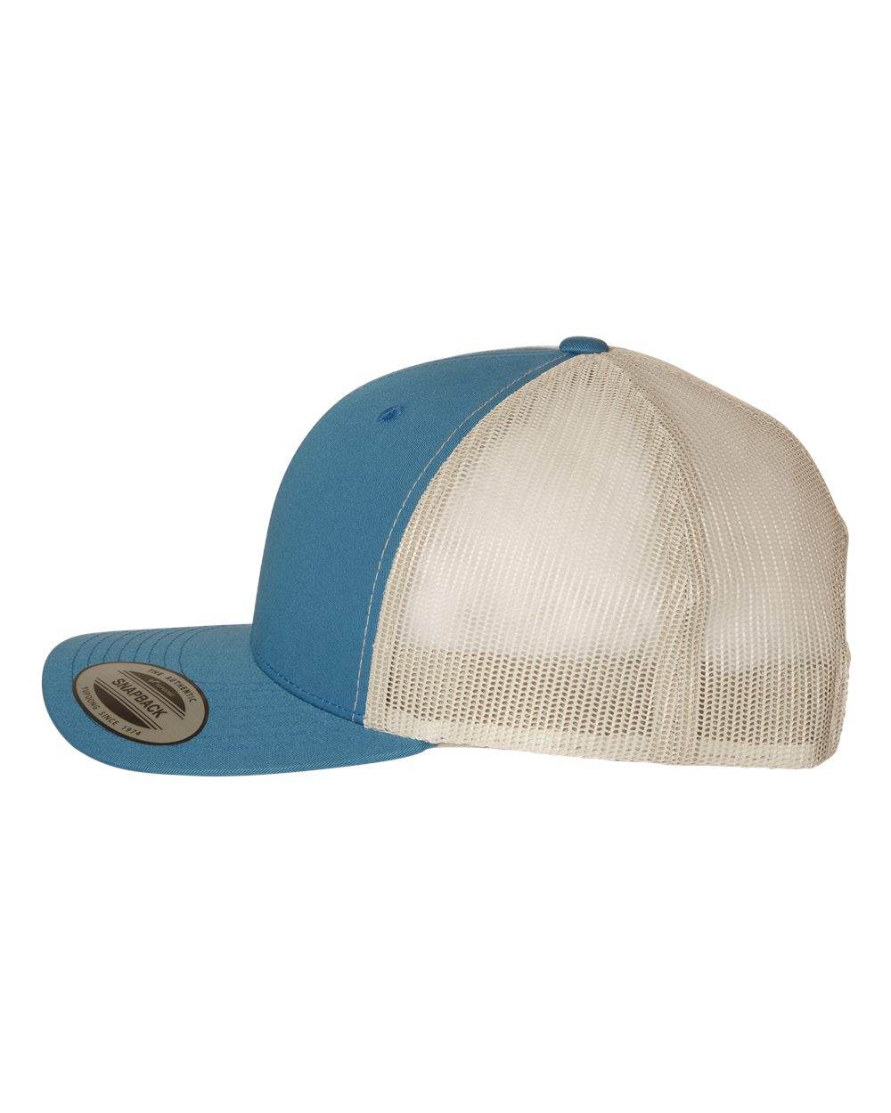 Steel blue Yupoong YP Classics retro trucker cap with personalized embroidered logo, featuring silver accents on the side.