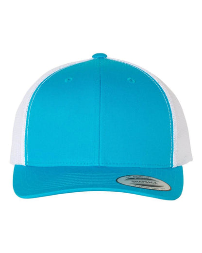 Custom YP Classics retro trucker cap by Yupoong with embroidered logo in turquoise and white, stylish and personalized for casual wear.