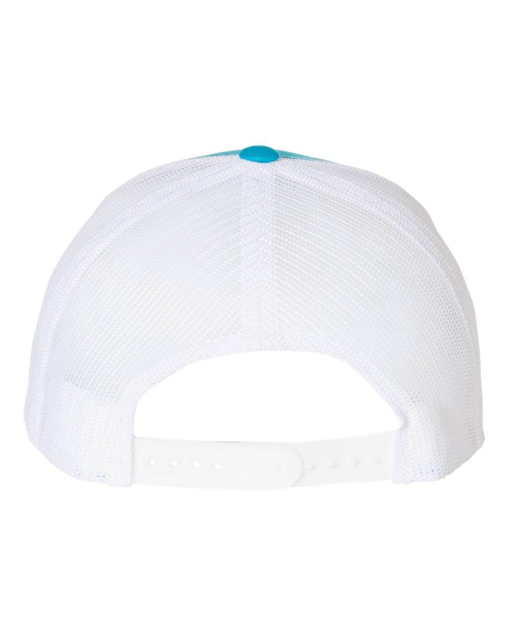 Custom YP Classics retro trucker cap by Yupoong with embroidered logo, turquoise and white colors, personalized and stylish.