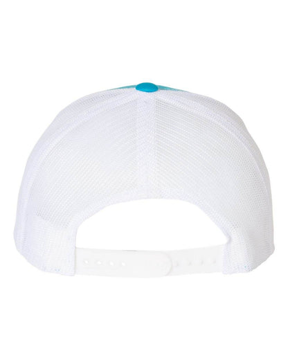 Custom YP Classics retro trucker cap by Yupoong with embroidered logo, turquoise and white colors, personalized and stylish.