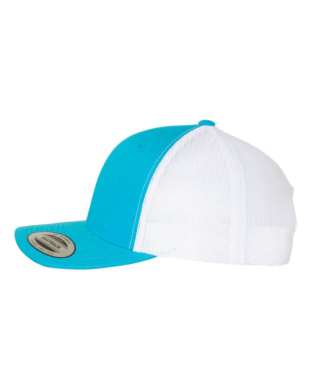Turquoise and white embroidered Yupoong YP Classics® retro trucker cap with personalized logo, side view of the custom trucker hat.