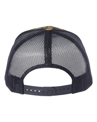 Custom YP Classics retro trucker cap by Yupoong with personalized embroidered logo, featuring a mesh back and curved brim.