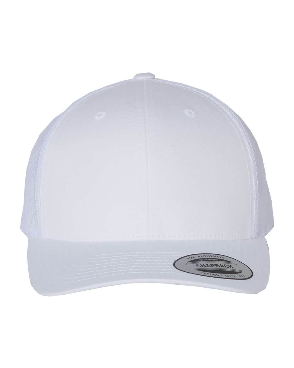 White Yupoong YP Classics retro trucker cap with personalized embroidered logo, classic mesh back, and adjustable snap closure.