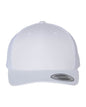 White Yupoong YP Classics retro trucker cap with personalized embroidered logo, classic mesh back, and adjustable snap closure.