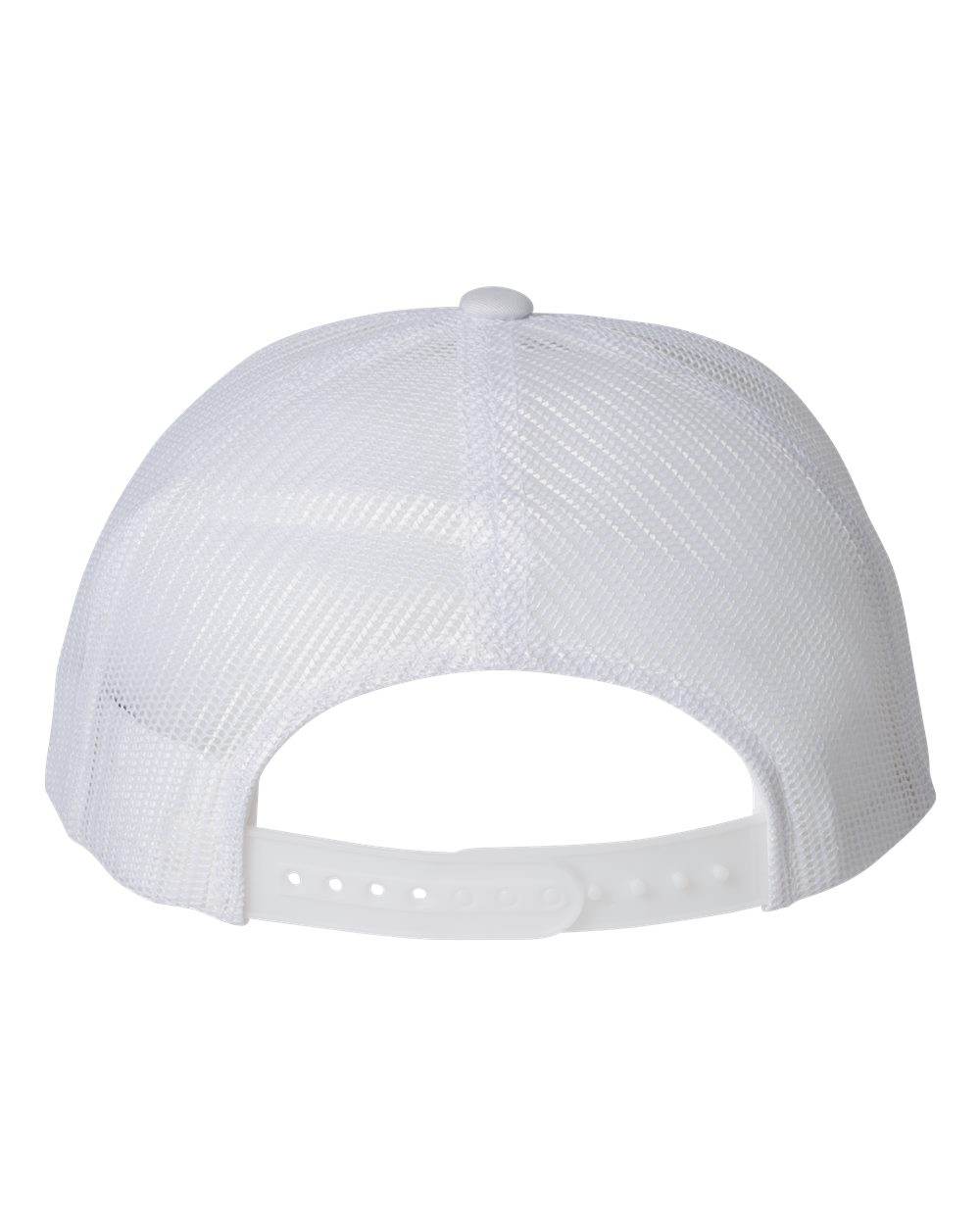 White Yupoong YP Classics retro trucker cap with custom embroidered logo, featuring a mesh back and structured front panel.