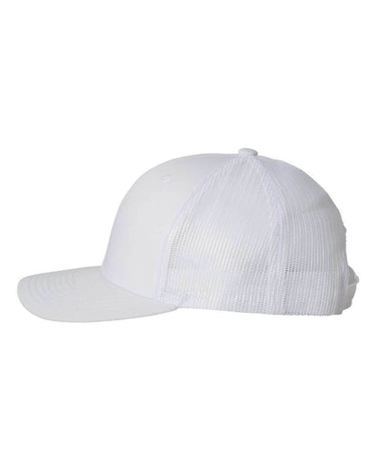 White Yupoong YP Classics retro trucker cap with personalized embroidered logo on the front and side.