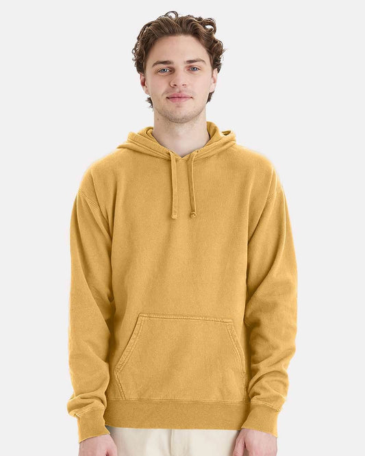 Unisex ComfortWash garment-dyed hooded sweatshirt with custom printed design, featuring a cozy hood and relaxed fit.