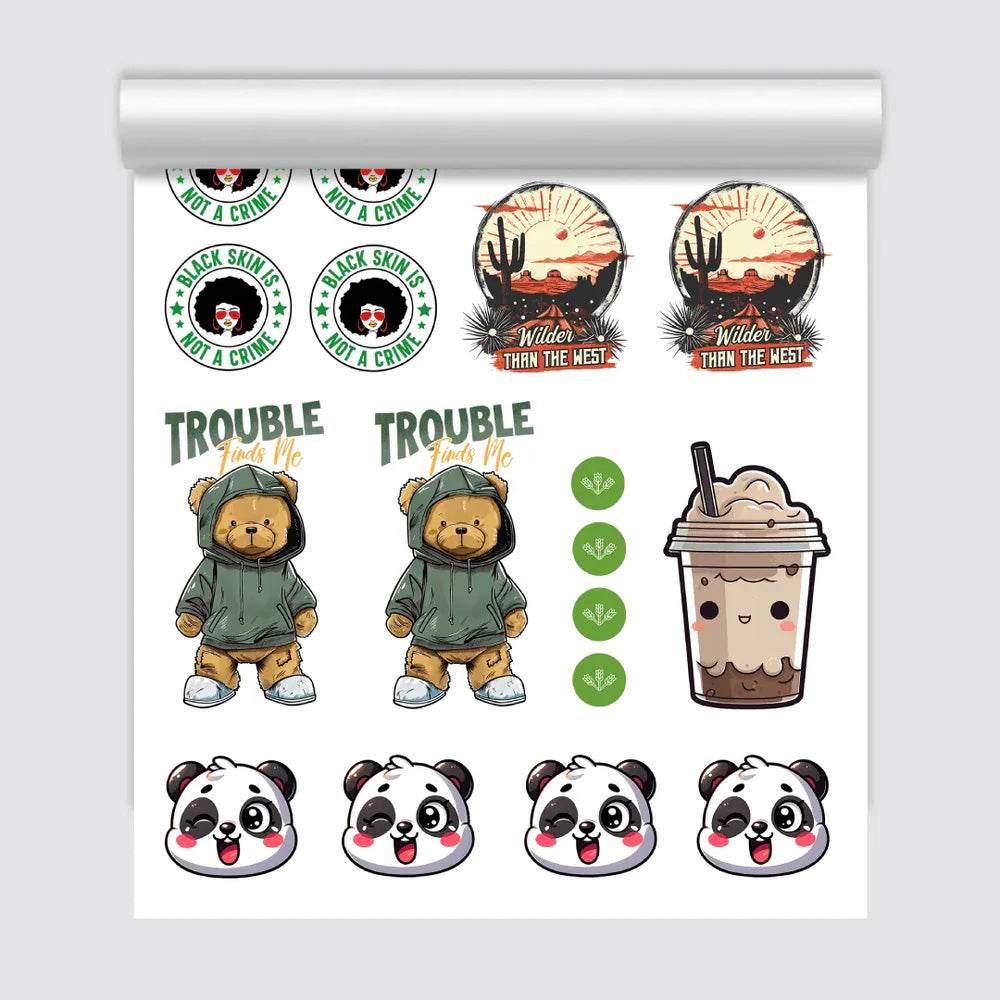 Custom vibrant UV DTF sticker sheet by Print View, showing colorful, durable, fully customizable stickers on a sheet.