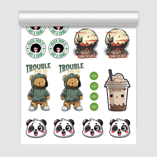 Custom vibrant UV DTF sticker sheet by Print View, showing colorful, durable, fully customizable stickers on a sheet.