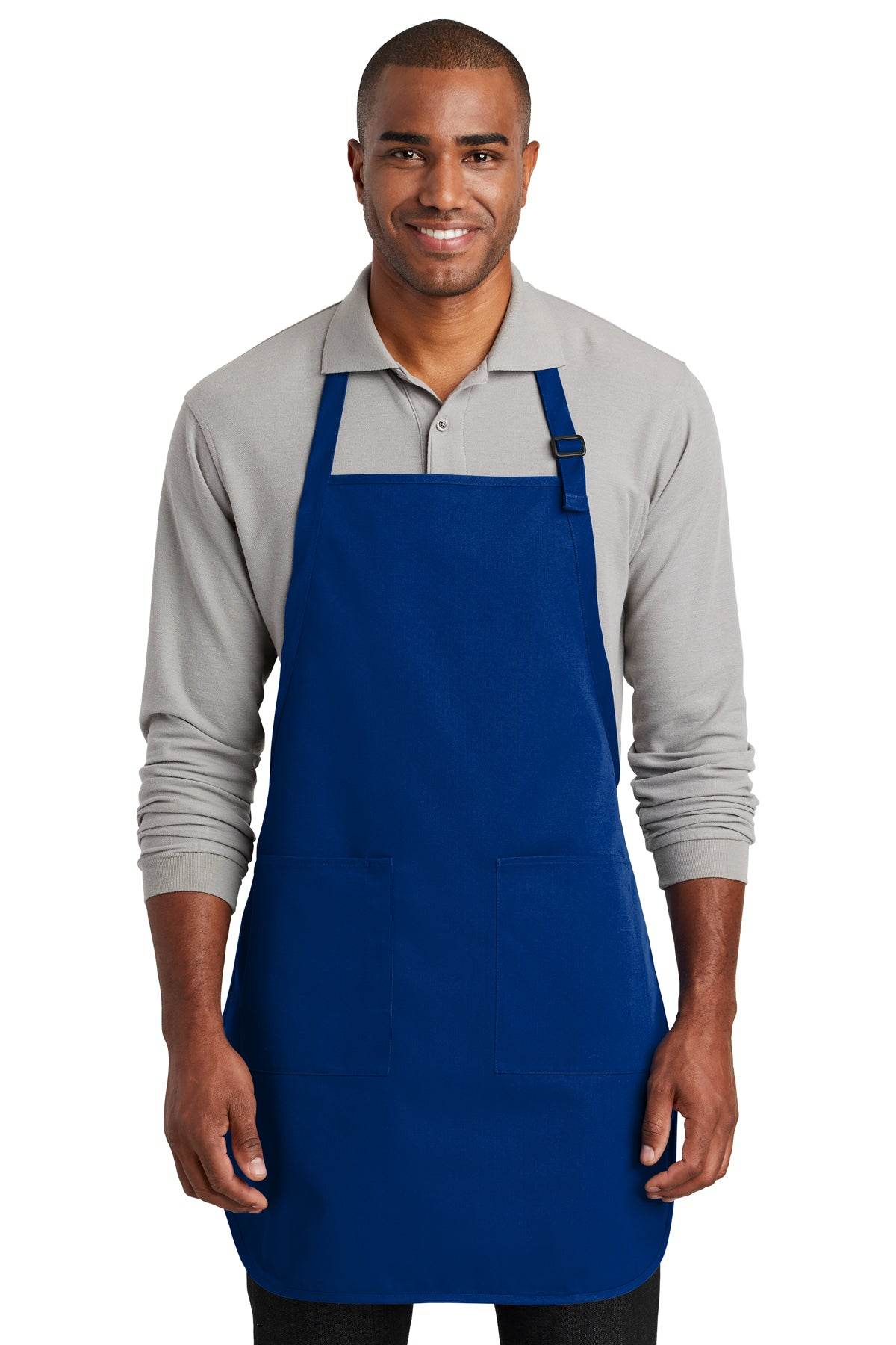 Blue personalized apron from Port Authority with custom print, perfect for cooking, BBQ, or gift occasions.
