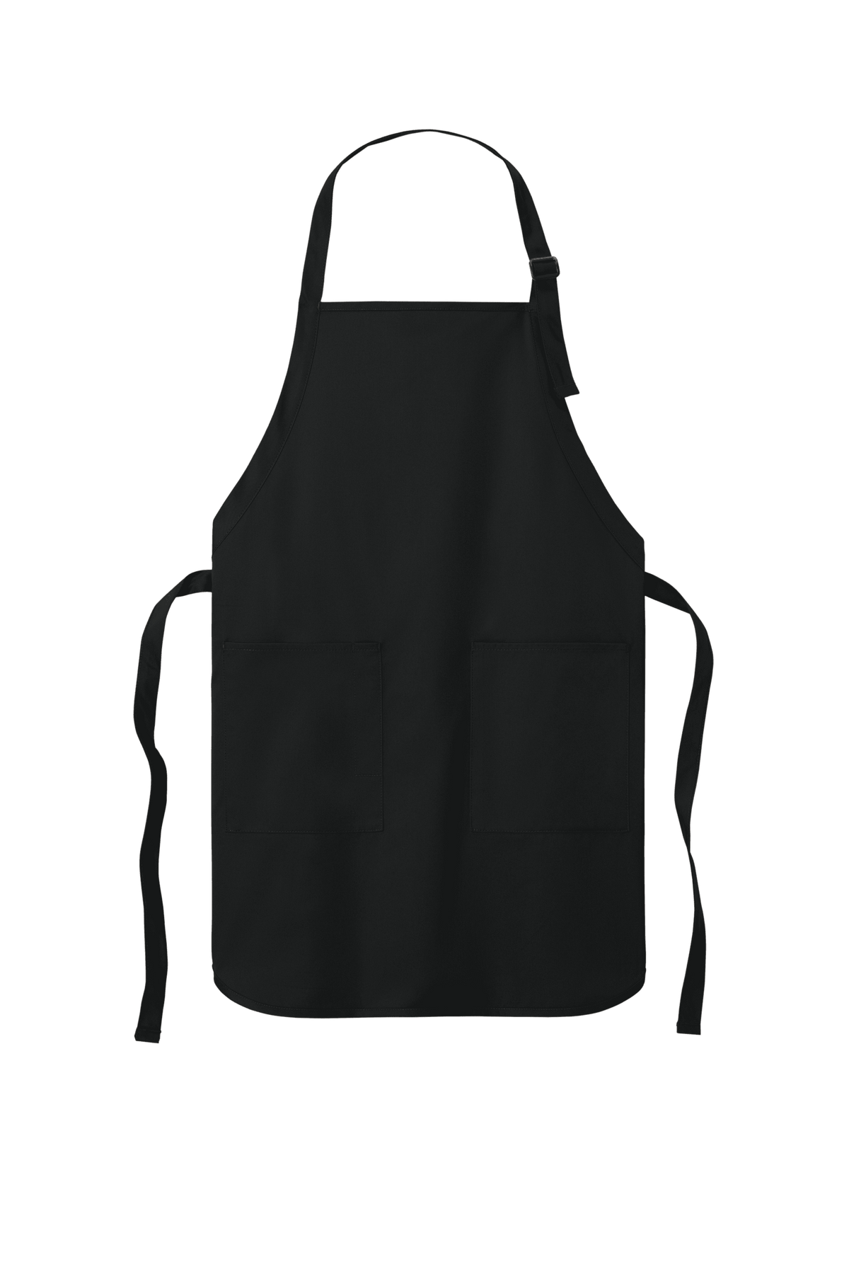 Black Port Authority personalized apron with adjustable neck strap, front pockets, ideal for cooking, BBQ, and gift use.