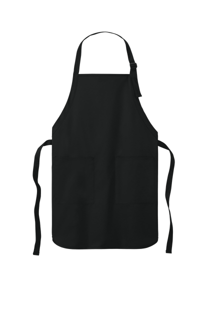 Black Port Authority personalized apron with adjustable neck strap, front pockets, ideal for cooking, BBQ, and gift use.